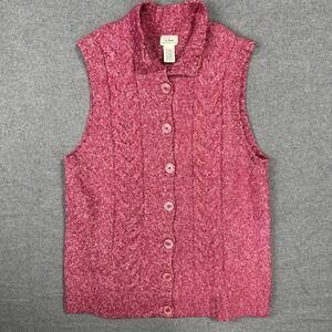 LL Bean Sweater Vest Womens XL‎ Reg Pink Wool Blend Cable Button Front Mock neck